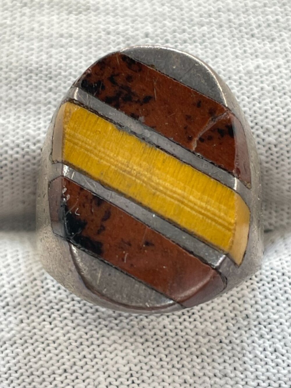 VTG Heavy 15g Mexico Sterling Silver Tiger's Eye Jasper Channel Inlay Ring 9.5